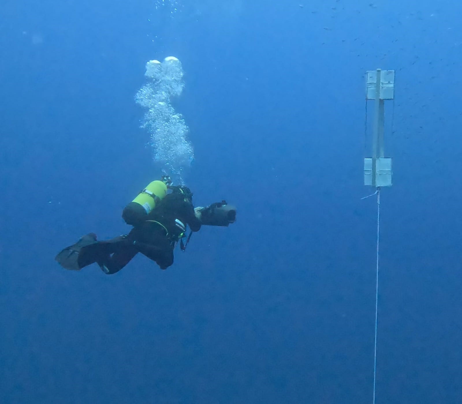 Buceadores del cazaminas ‘Duero’ en tareas de identificación de mina de orinque de ejercicio