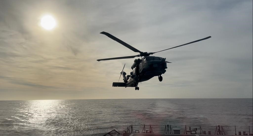 Helicopter SH60B of the 10th Naval Aircraft Squadron, approaching to land on board