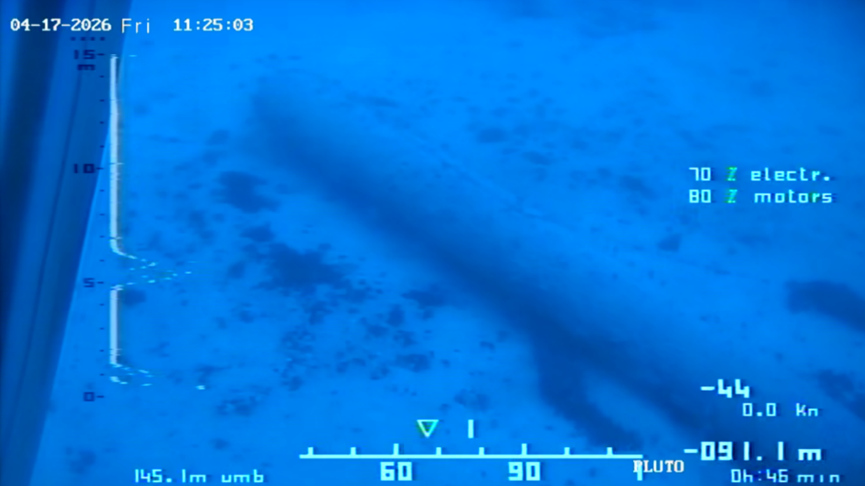 Photograph taken by the ROV Pluto of the torpedo found at a depth of 100 metres.