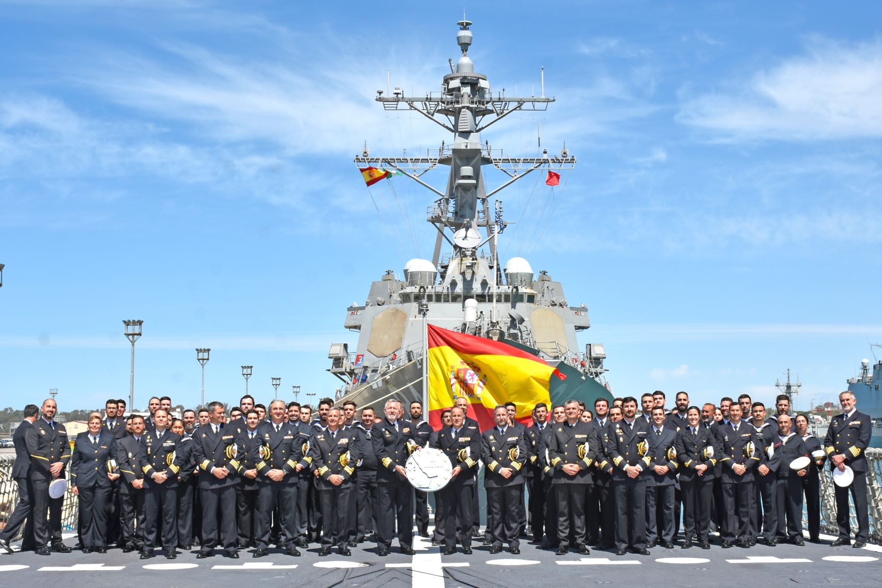 Crew on the deck of the frigate 'Canarias'