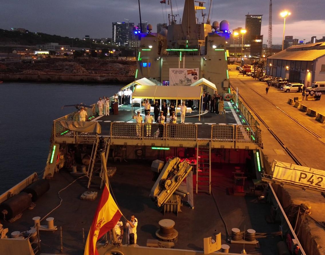 The military guard pays tribute to the flag during the solemn lowering ceremony