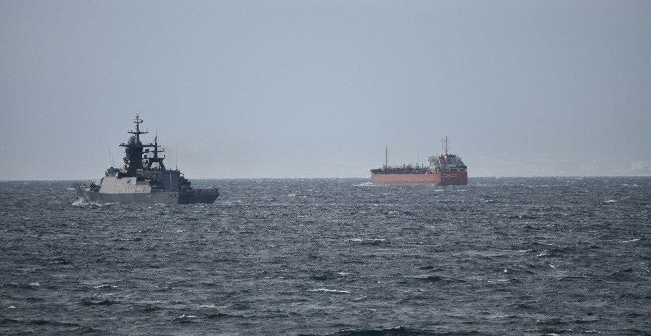 Photographs of the Russian-flagged convoy with the Corvette Boikiy and the merchant vessel General Skobelev.