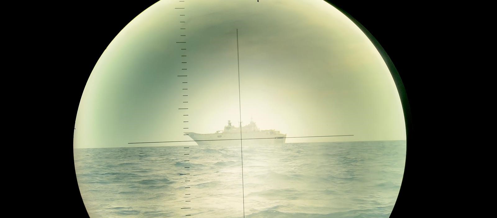 The 'Juan Carlos I' seen through the periscope of the submarine 'Tramontana'
