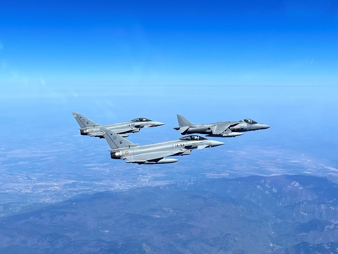 Harrier from the 9th Squadron alongside Air and Space Force Eurofigthers flying over Bulgaria