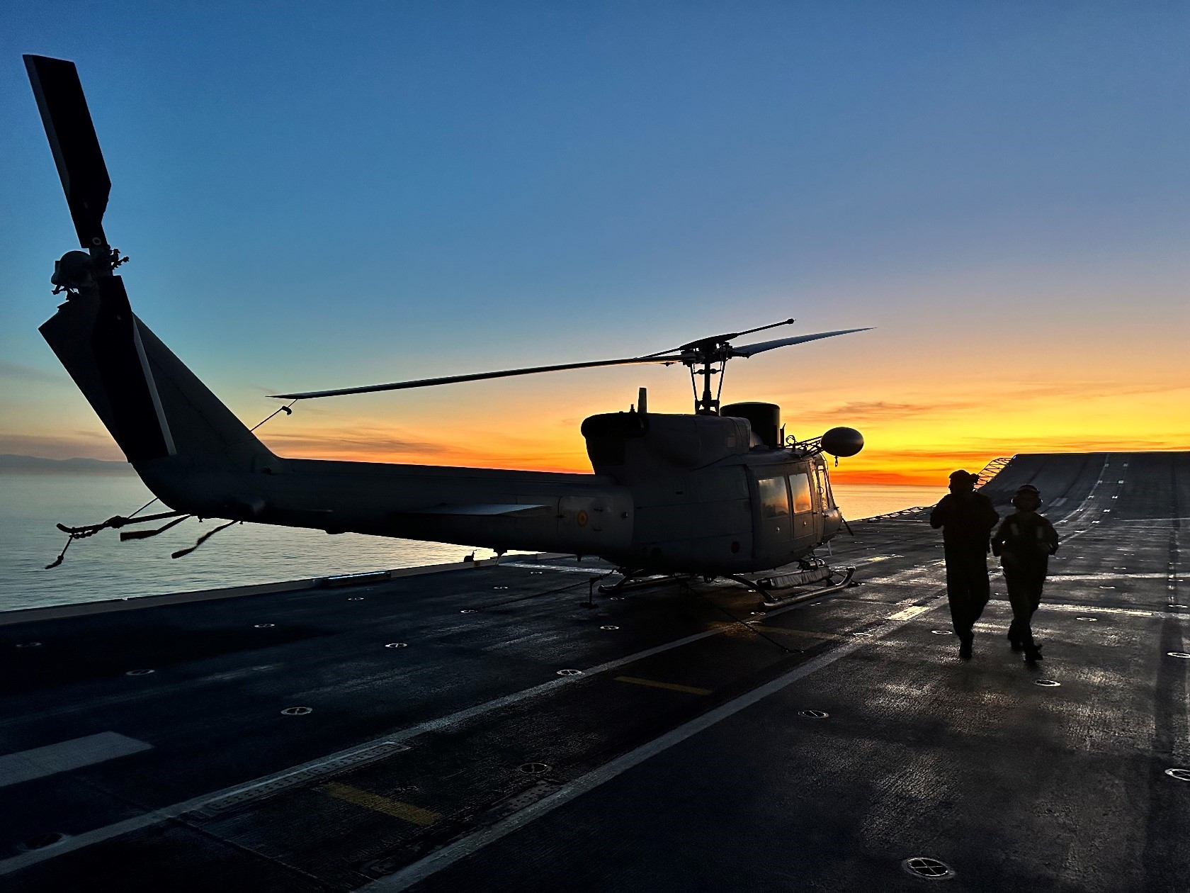 Helicopter 'Gato' belonging to the 3rd Squadron on the flight deck of the 'Juan Carlos I'.
